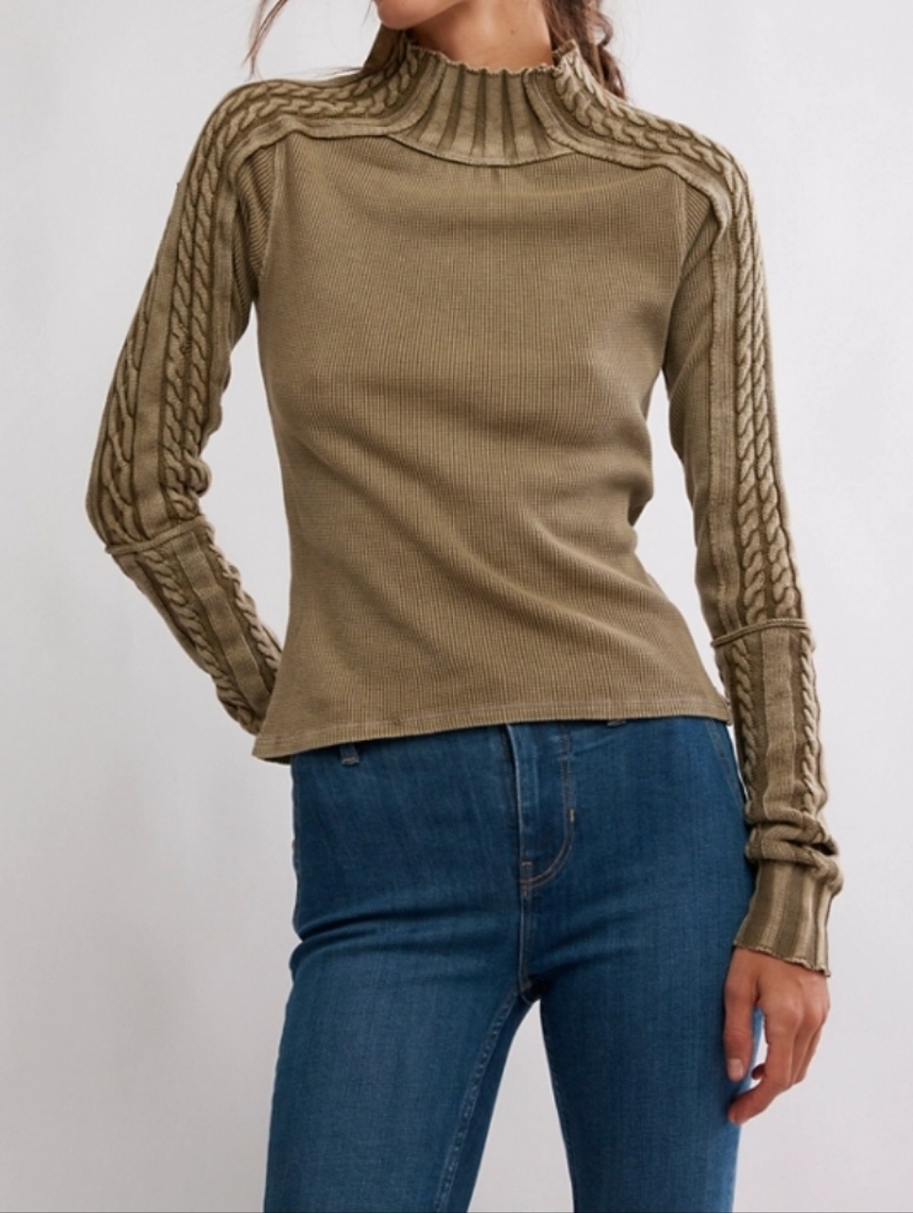 NWT We The Free Breezy Cable Knit Mock Neck Top, Fossile Dune, Size XL